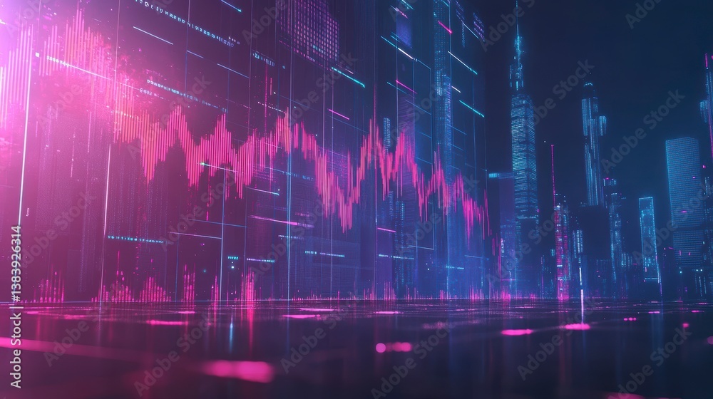 Naklejka premium Futuristic city skyline with neon lights and dynamic data overlay.