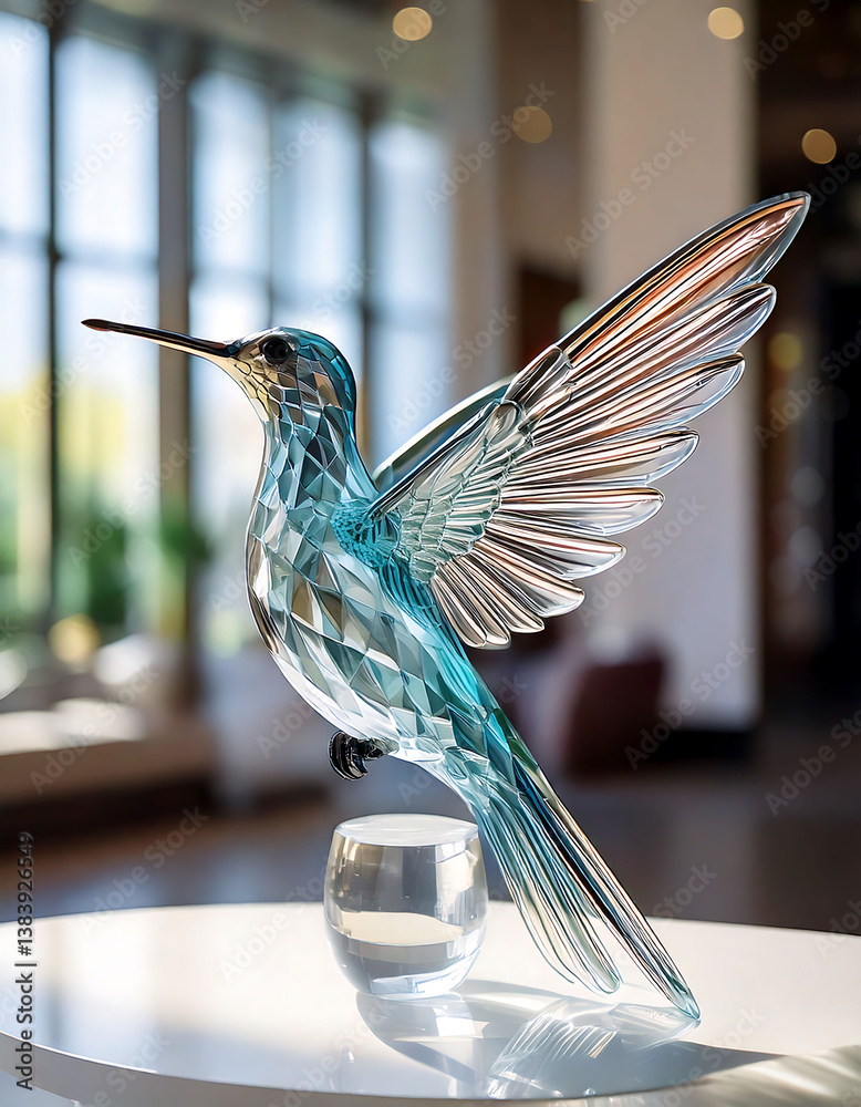 Fototapeta premium Stunning crystal hummingbird sculpture, wings outstretched in graceful flight. Captures light beautifully, perfect for home decor, luxury branding, or natureinspired design projects.