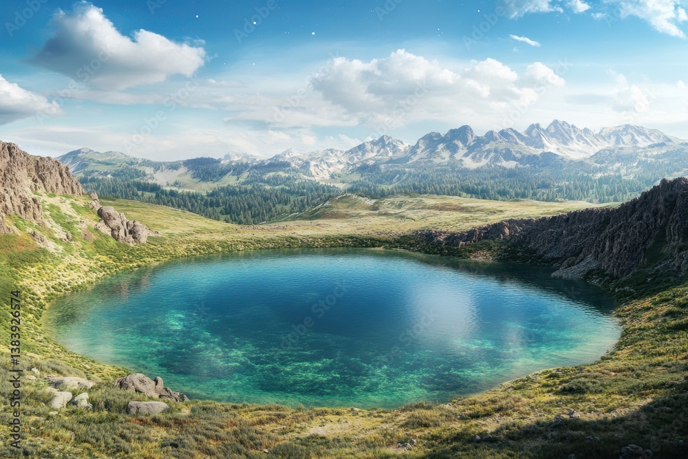 Obraz premium Beautiful mountain lake surrounded by lush greenery and rocky terrains under a clear blue sky
