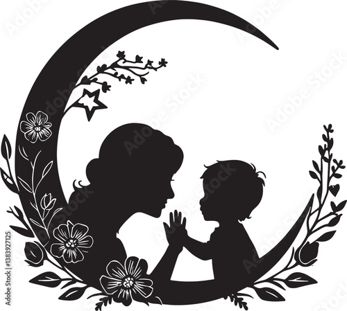 Mother And Child Silhouette With Flowers And Stars