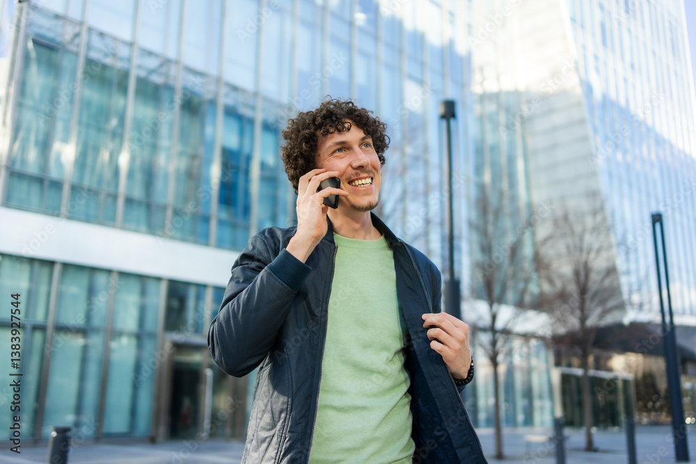 Man Smiling on Phone Call Outside Modern Building Man Smiling on Phone Call Outside Modern Building