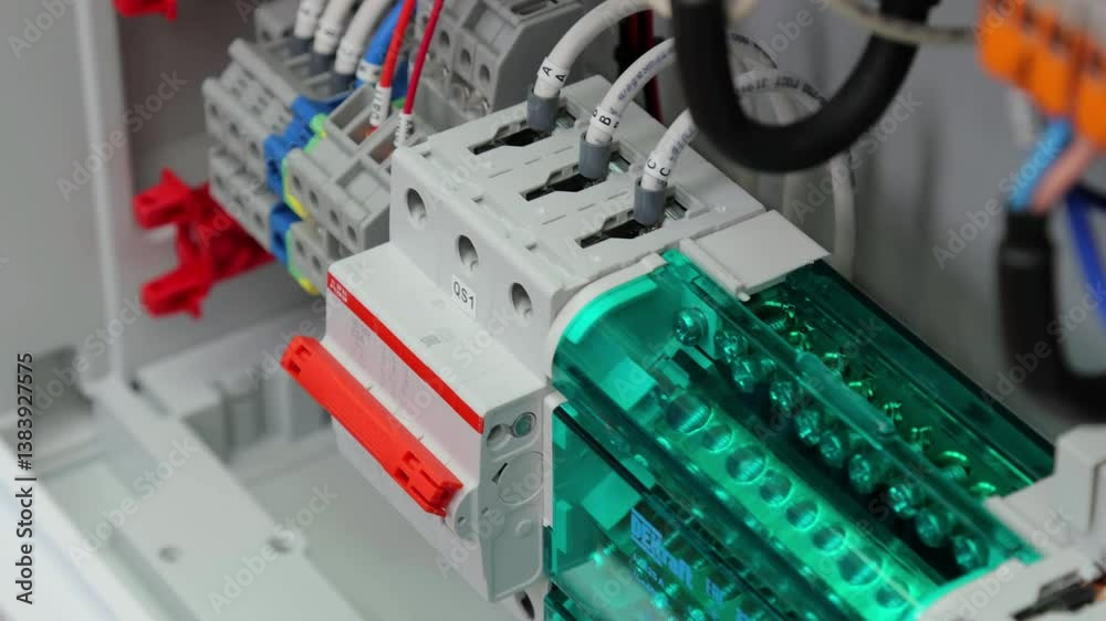 An electric panel in an office space for the organization of power supply and protection of electrical loads. A soft focus.