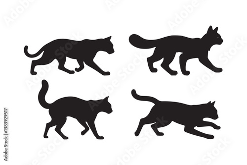 Cat Silhouette Vector Running, Walking, and Moving Cats Illustration