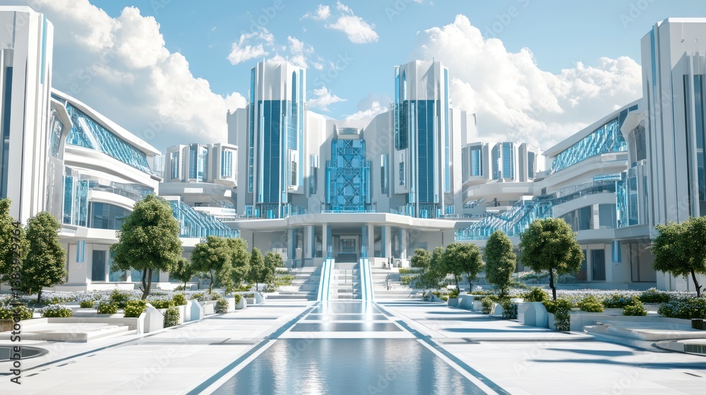 Futuristic city plaza, fountain, architecture, sunny day, modern design, website banner Futuristic city plaza, fountain, architecture, sunny day, modern design, website banner