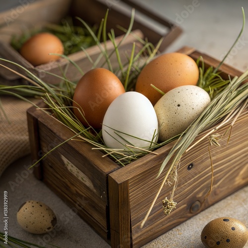 Rustic Still Life: Natural Eggs in a Wooden Nesting Box