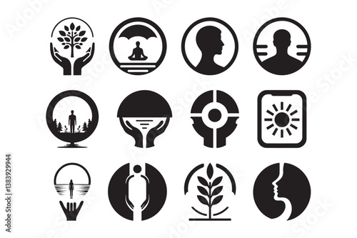 Wellness and Nature Logo Icons Meditation, Humanity, and Growth Vector Set 