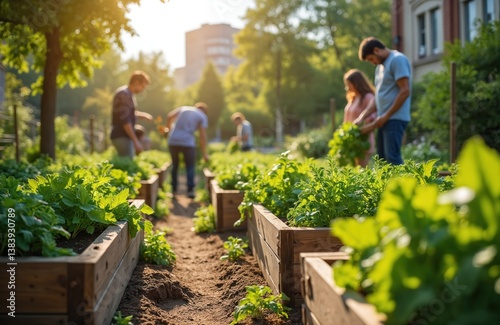 Wallpaper Mural People harvest fresh vegetables, herbs, and spices in urban community garden. Wooden raised beds with green plants, people tending to crops, sustainable lifestyle, gardening. Local farm near home. Torontodigital.ca