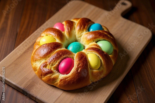 Easter Bread with Colorful Eggs, traditional Easter holiday baking, sweet bun cakes with colorful Easter eggs photo