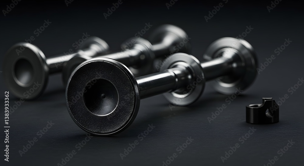 Close-up of Black Metal Dumbbells on Dark Background Close-up of Black Metal Dumbbells on Dark Background