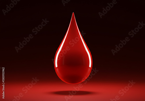 A single shiny red droplet suspended in air against a dark red background.
