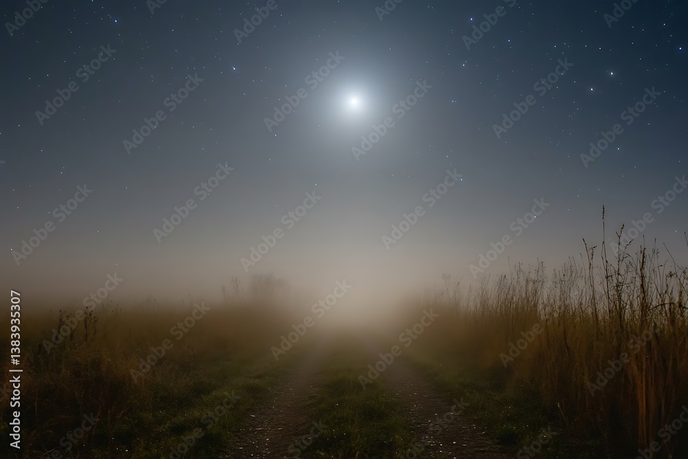 Fototapeta premium A moonlit path through a dense fog, stars barely visible through the mist.
