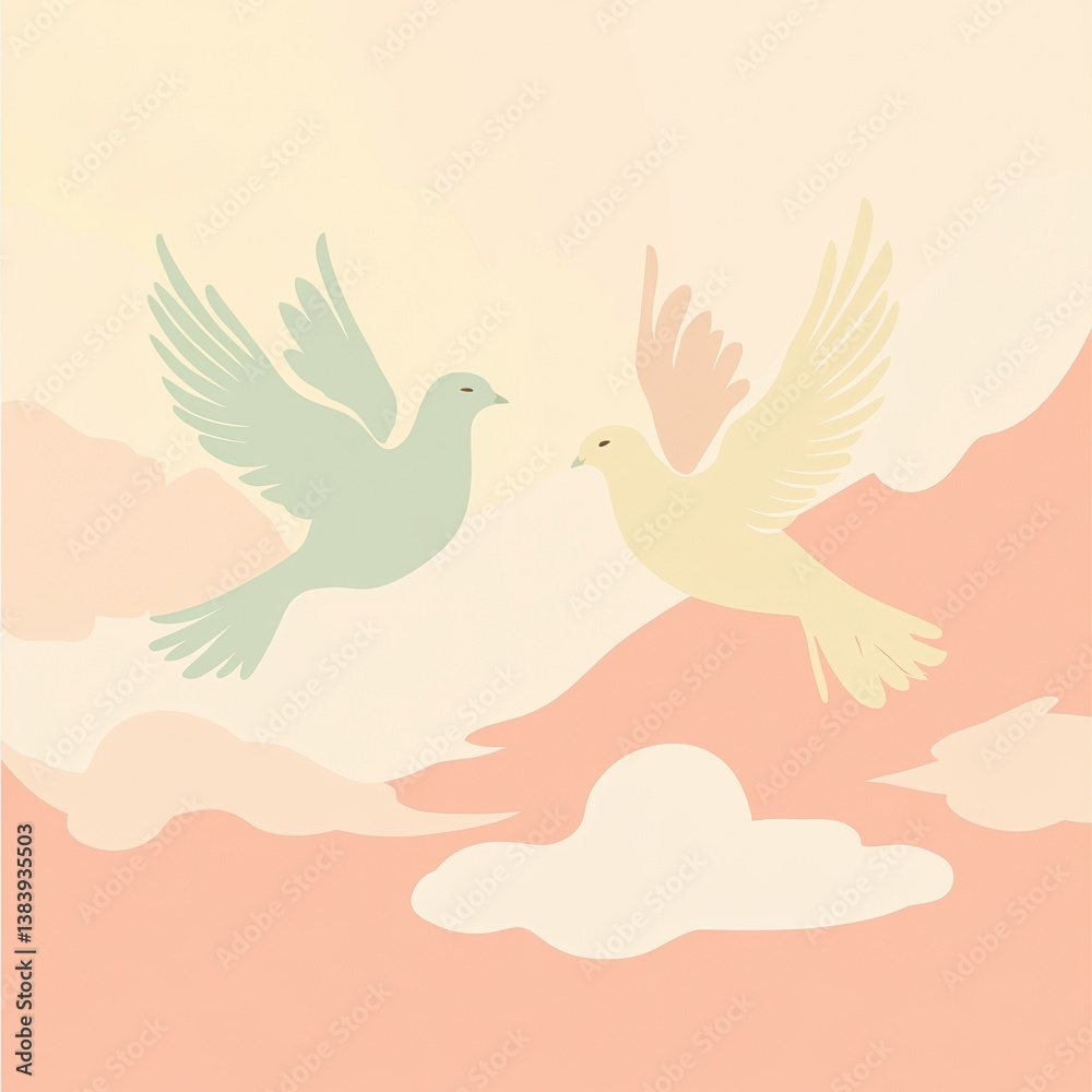 Obraz premium Two doves flying together symbolize peace and love against a soft pastel sky