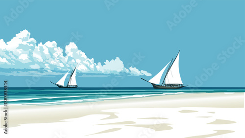 Diani Beach Kenya with Indian Ocean and Dhows in Digital Drawing.eps