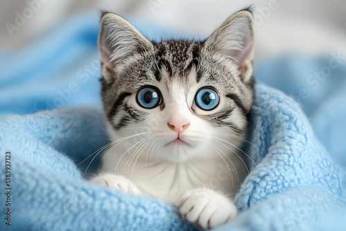 a cute kitten with striking blue eyes, nestled comfortably in a soft blue blanket
