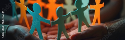 Hands holding paper people silhouettes. Colorful figures represent diversity in business, teamwork, cooperation, community support. Symbol of inclusivity, unity, equality, human resources, employment.
