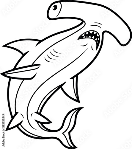 Black and white digital drawing of a hammerhead shark viewed from below. Detailed illustration style with artistic shading, ideal for tattoos, minimalist graphic designs or marine conservation project