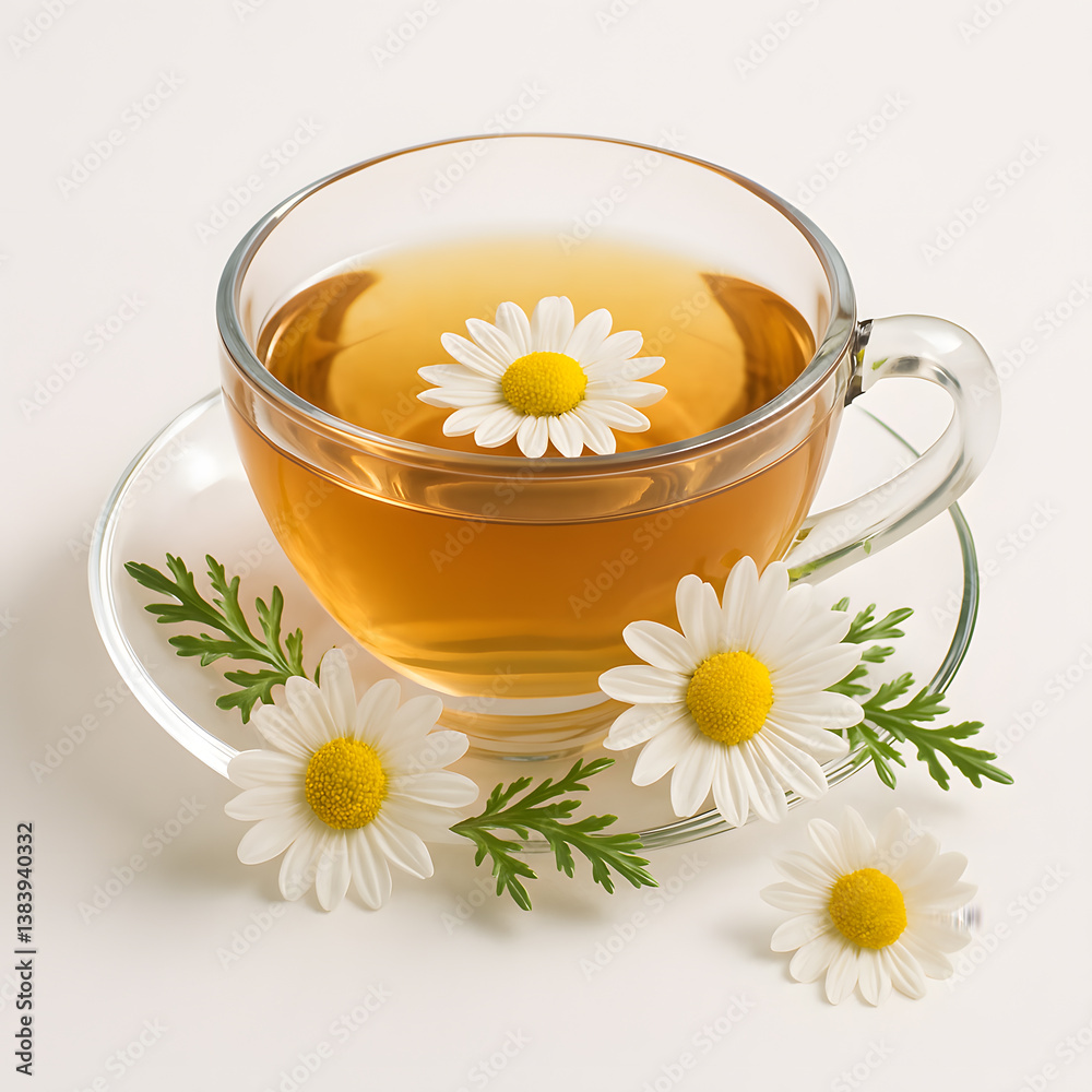 Glass cup of chamomile tea with floating flower on saucer, surrounded by chamomile blossoms and leaves on white background, relaxing herbal drink
Glass cup of chamomile tea with floating flower on saucer, surrounded by chamomile blossoms and leaves on white background, relaxing herbal drink