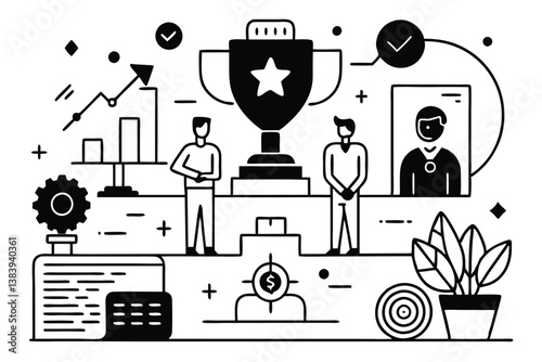 Business Teamwork & Success Illustration: Climbing Growth Chart to Achieve Goals & Reach Trophy. Adobe Illustrator Artwork