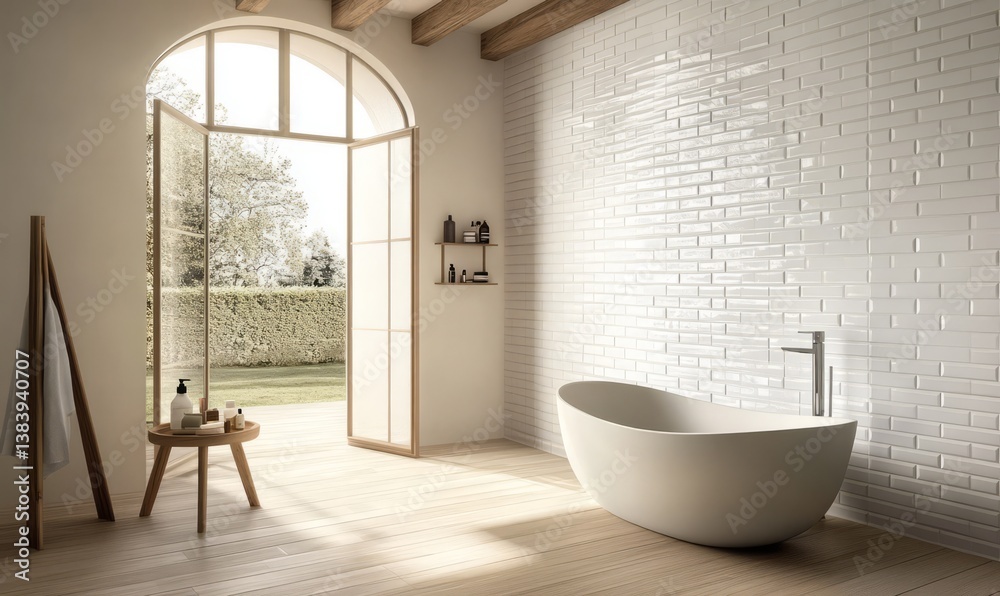 Fototapeta premium Serene Modern Bathroom Design with Garden View