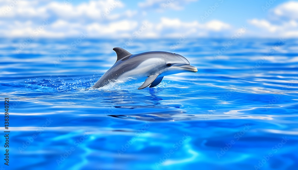 Naklejka premium A dolphin leaps from the ocean, its sleek body glistening, against a backdrop of vibrant blue water and a partly cloudy sky