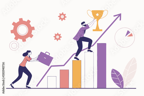 Business Teamwork & Success Illustration: Climbing Growth Chart to Achieve Goals & Reach Trophy.