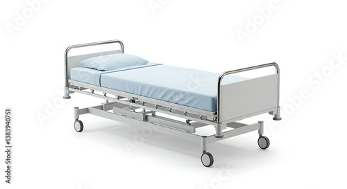 A hospital bed with blue sheets and a pillow on a white background.