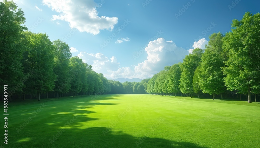 Fototapeta premium Manicured green lawn, rich forest trees, clear blue sky with clouds. Summer sunlight, outdoor landscape. Perfect for relaxation golf course, park, travel eco concept.