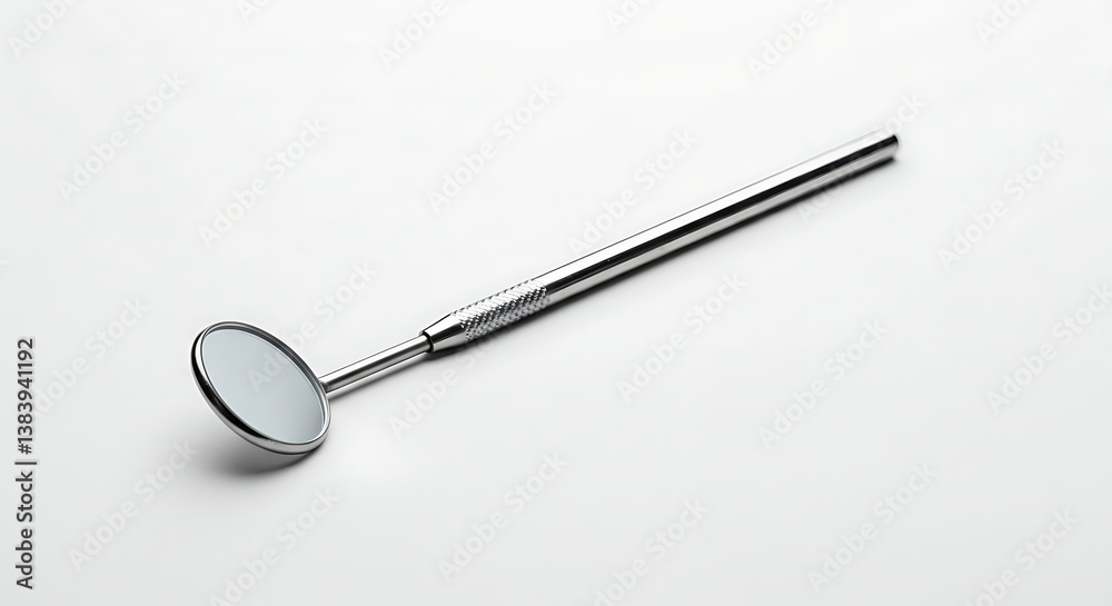 A dental mirror with a metal handle is angled on a white background. A dental mirror with a metal handle is angled on a white background.