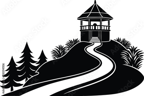 Watchtower silhouette icon, vector illustration of a silhouette watchtower on a hill with a winding path, suitable for outdoor and adventure designs.