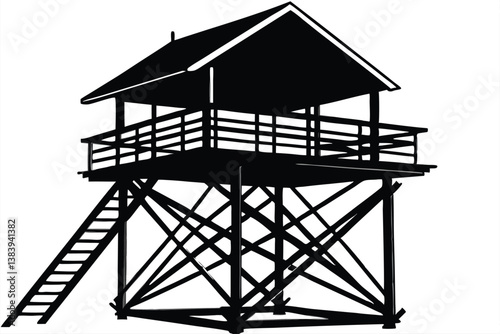 Watchtower silhouette icon, vector illustration of a silhouette watchtower on a hill with a winding path, suitable for outdoor and adventure designs.
