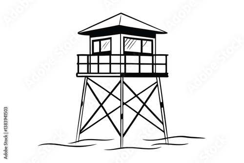 Watchtower silhouette icon, vector illustration of a silhouette watchtower on a hill with a winding path, suitable for outdoor and adventure designs.