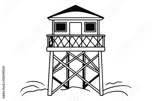 Watchtower silhouette icon, vector illustration of a silhouette watchtower on a hill with a winding path, suitable for outdoor and adventure designs.