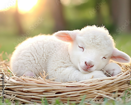 Adorable white lamb peacefully sleeping in a hay nest at sunset