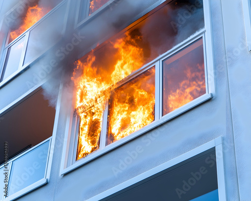 Apartment building fire engulfing a window, smoke and flames visible