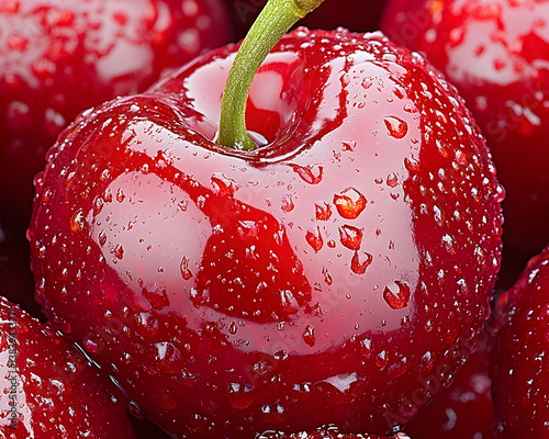 Close-up of a single, glistening red cherry, covered in water droplets, among others photo