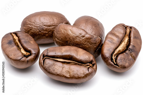 Close-up of five roasted coffee beans on white background