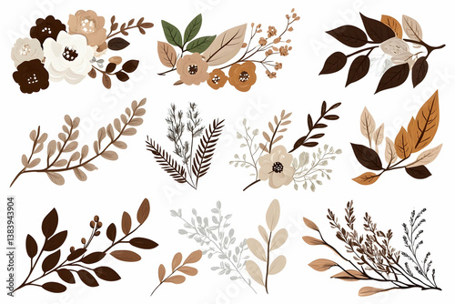 Collection of autumnal floral and foliage elements in earthy tones