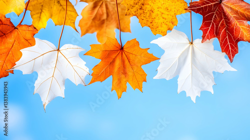 Colorful autumn maple leaves against a clear blue sky