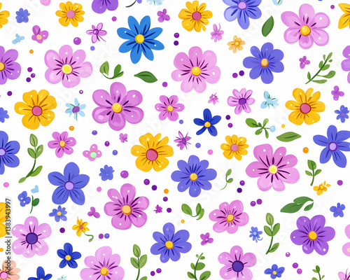 Colorful floral seamless pattern with various flowers and leaves on white background
