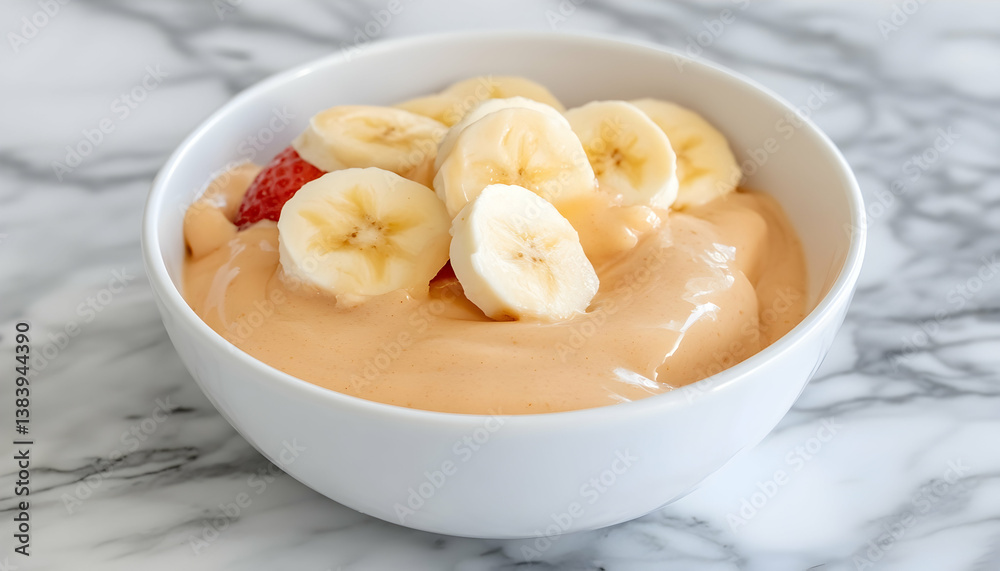 Creamy dessert topped with banana slices and strawberries in a white bowl Creamy dessert topped with banana slices and strawberries in a white bowl