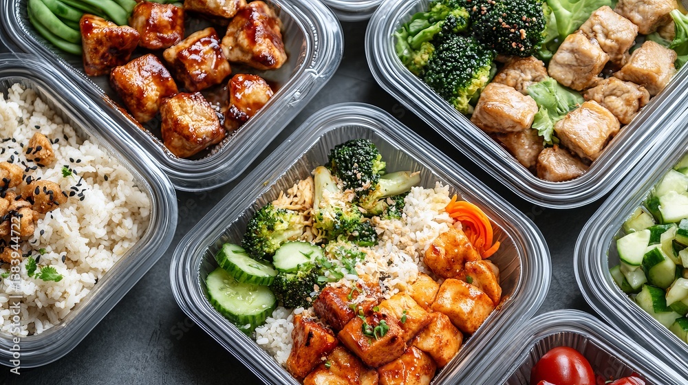 Overhead view of several meal prep containers filled with rice chicken and various vegetables