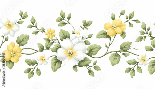 Delicate floral border with white and yellow blossoms, green leaves, and vine