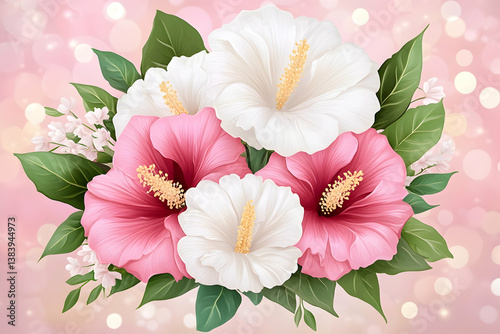 Delicate pink and white hibiscus bouquet on bokeh background