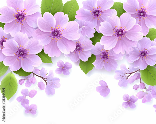 Delicate pink blossoms and green leaves border design on white background