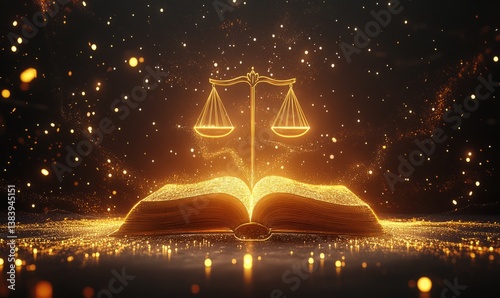 Golden Scales of Justice Atop an Illuminated Book