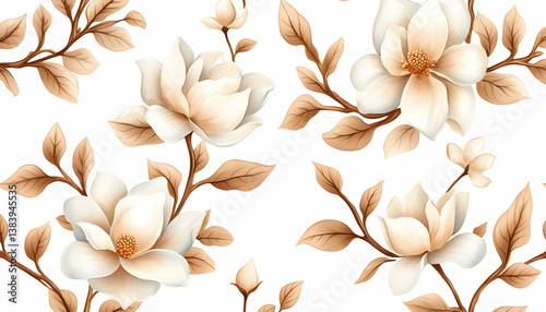 Elegant beige magnolia blossoms and branches on white