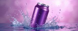 Purple soda can in water splash. Fresh refreshment, liquid drink with splash around mockup metallic can. Refreshing drink splash, summer cool, beverage. Clear refreshing drink.