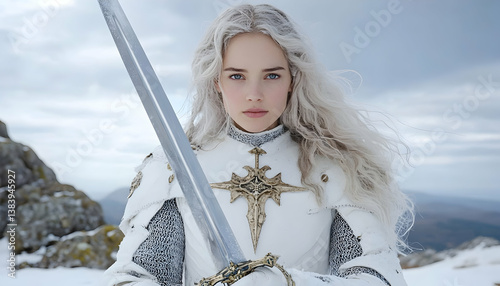 Fair-haired warrior woman in white armor, holding a sword, stands on a snowy mountaintop