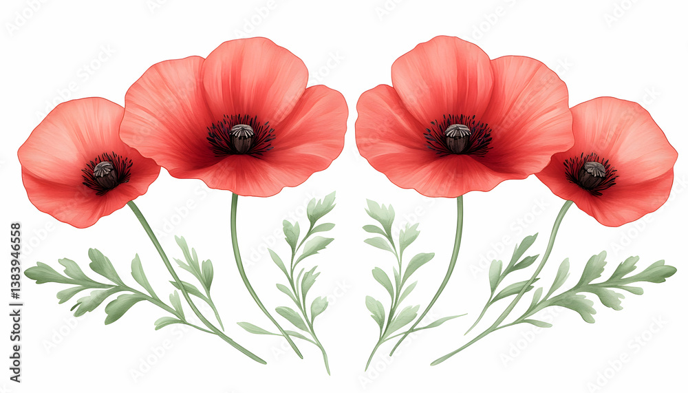 Obraz premium Four red poppies with green foliage arranged symmetrically on white background