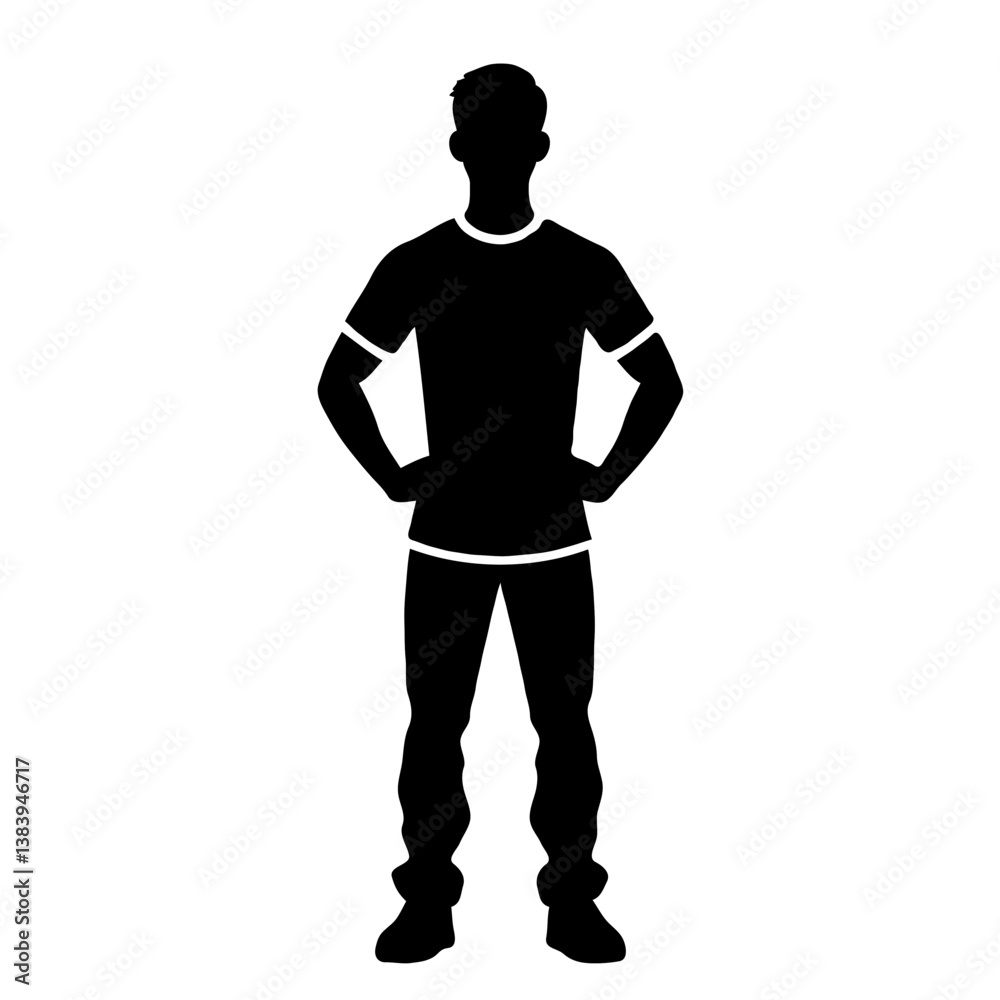 Vector Standing Man Silhouette Front View Casual T-Shirt Hands on Hips Upright Posture Vector Standing Man Silhouette Front View Casual T-Shirt Hands on Hips Upright Posture